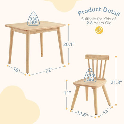Curipeer Windsor Kids Table and 2 Chair Set, Rubberwood Children Toddler Table and Chair Set with Non-Slip Legs/Round Edge Design for Art, Play, Craft, Activity, Natural Wood