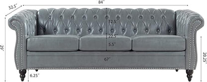 LEVNARY Chesterfield Sofa, Classic Tufted Upholstered Leather Couch, Modern 3 Seater Couch Furniture with Tufted Back for Living Room Office (Gray)