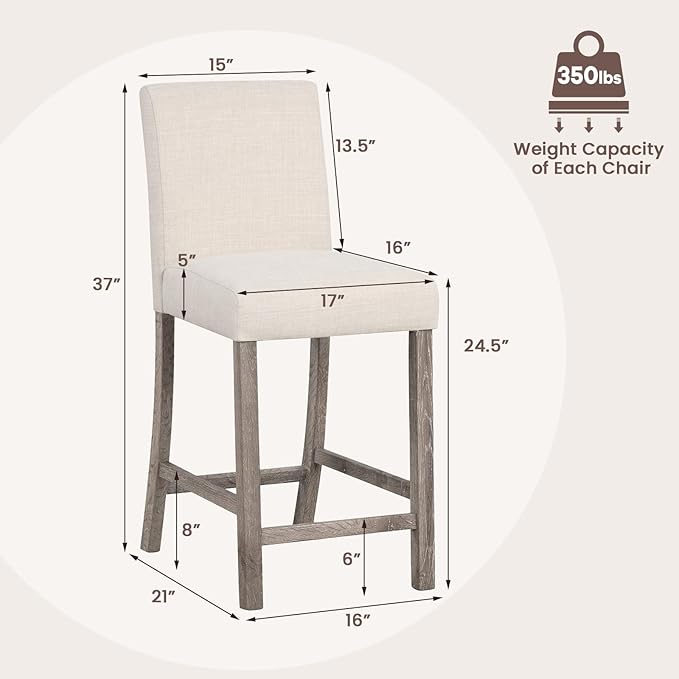 COSTWAY Counter Height Bar Stools Set of 2, 24.5’’ Upholstered Mid Century Modern Island Chairs with Rubber Wood Legs, Wooden Barstools for Kitchen, Dining Room, Bar, Restaurant (Beige)