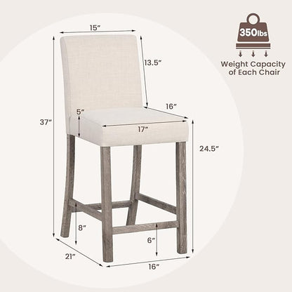 COSTWAY Counter Height Bar Stools Set of 2, 24.5’’ Upholstered Mid Century Modern Island Chairs with Rubber Wood Legs, Wooden Barstools for Kitchen, Dining Room, Bar, Restaurant (Beige)