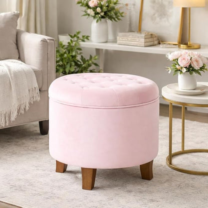 Homepop Home Decor | Upholstered Round Velvet Tufted Foot Rest Ottoman | Ottoman with Storage for Living Room & Bedroom | Decorative Home Furniture, Pink Blush Small