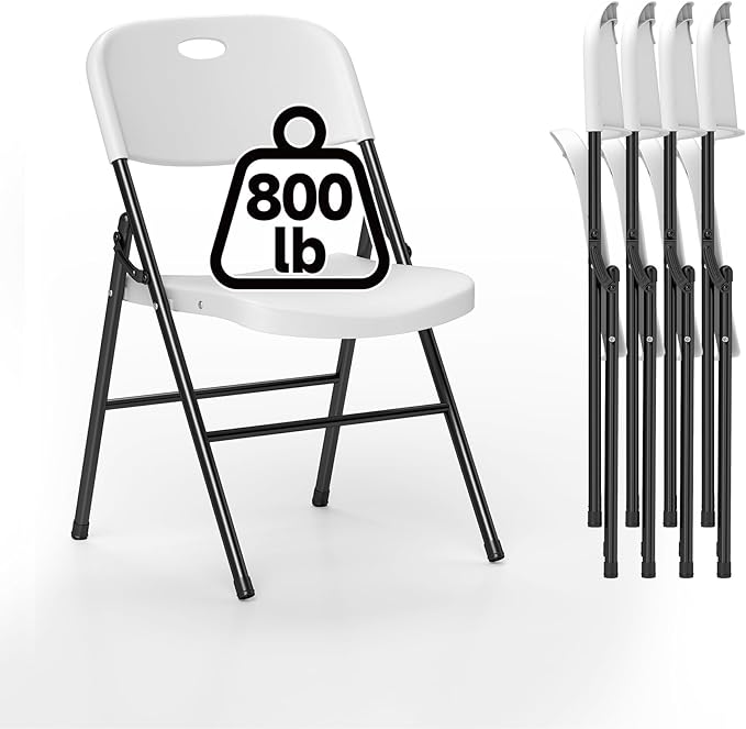 4 Pack Folding Chair, 800 Weight Limit Heavy Duty Plastic Folding Chair Portable Seating for Indoor Outdoor Events, Wedding, Party, Restaurant, Meeting Room White