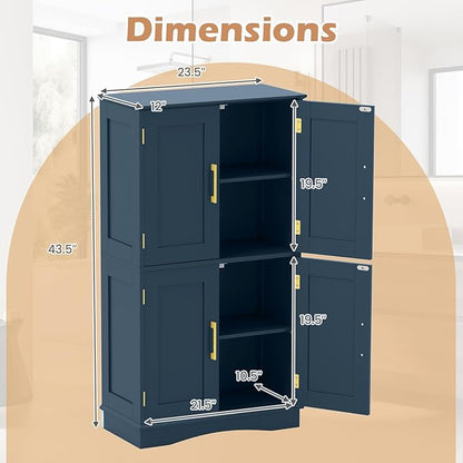 Tangkula Bathroom Floor Storage Cabinet, 43.5" H Freestanding Pantry Cabinet with 4 Doors and 2 Adjustable Shelves, Kitchen Cupboard for Living Room, Dining Room, Bathroom (Navy Blue, 43.5" H)