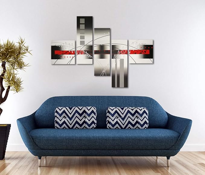 Wieco Art Stretched and Framed 100% Hand-Painted Modern Canvas Wall Art Decor Perfect White Lines Home Decoration Abstract Oil Paintings on Canvas 5pcs/Set
