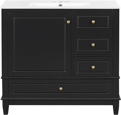 36 Inch Bathroom Vanity with Sink Set, Undermount Vanity Sink Cabinet with 3 Drawers and Door Storage, Soft Closing Door, Wood Frame, Black