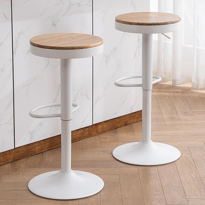 Kidol & Shellder White Bar Stools Set of 6 Adjustable Swivel Backless Barstools Modern Round Counter Height Stools Wooden Seat Armless Bar Chairs for Kitchen Island, Cafe, Dining Room