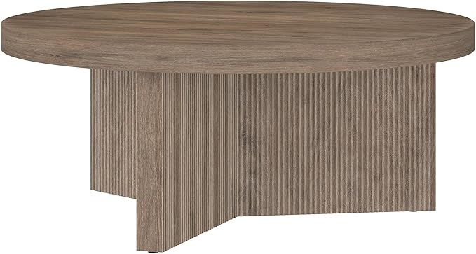 Henn&Hart 36" Fluted Round Low-Profile Coffee Table with Ribbed Pedestal Base for Living Room, Family Room, or Office, Antiqued Gray Oak
