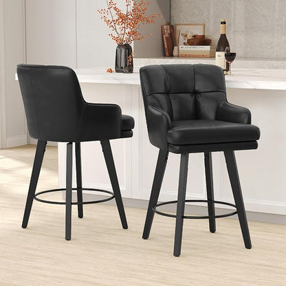 360°Swivel Counter Height Bar Stools with Back, 26 inch Solid Wood Legs, Bar Stool Modern Kitchen Island Chairs, Faux Leather (Black- Faux Leather, 26" H- Set of 1)