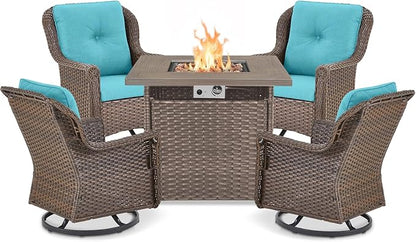 Outdoor Patio Swivel Gliders with Fire Pit Table 5 Piece Set - High Back Brown Wicker Rattan Rocking Chair with Thick Cushion for Porch Apartment Deck Yard Poolside Garden - Turqoise
