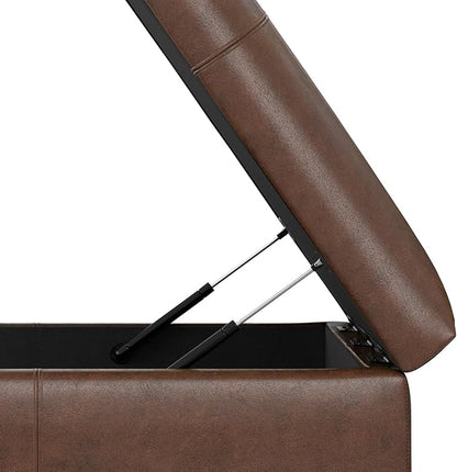 SIMPLIHOME Gabbie 36 inch Wide Contemporary Square Square Coffee Table Storage Ottoman in Distressed Chestnut Brown Vegan Faux Leather, Assembled, for The Living Room, Entryway and Family Room