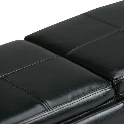 SIMPLIHOME Avalon 42 inch Wide Contemporary Rectangle Storage Ottoman in Midnight Black Vegan Faux Leather, Assembled, For the Living Room, Entryway and Family Room