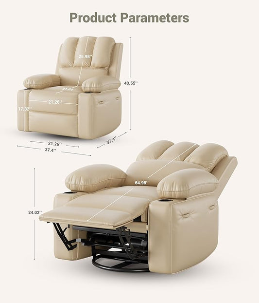 27" Oversized Power Recliner Chair, Faux Leather Rocking Chair with Heat & Massage, 360° Swivel Modern Electric Recliner with Cup Holder ＆ USB Charging for Living Room, Bedroom, Nursery - Beige