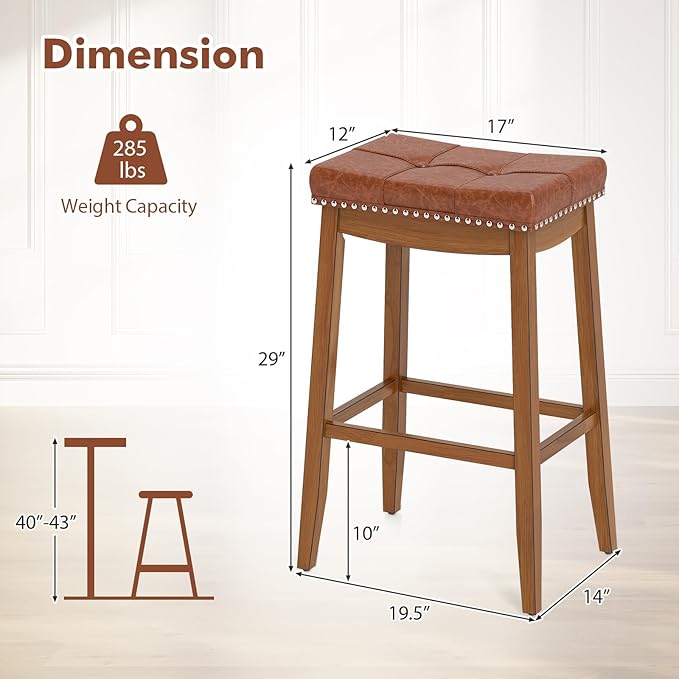 COSTWAY Saddle Bar Stools Set of 4, 29-Inch Bar Height Barstools w/PU Leather Seat, Solid Rubber Wood Frame, Footrest, Mid-Century Backless Bar Stools for Kitchen Island Home Bar