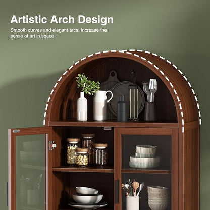 71" Tall Arched Cabinet with Glass Doors, Fluted Pantry Cabinet with Solid Wood Legs, Modern Accent Furniture for Living Room, Kitchen, Dining Room, Entryway, Walnut
