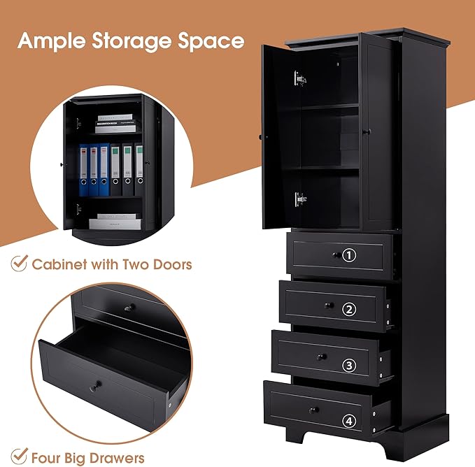 P PURLOVE Tall Bathroom Storage Cabinet with 2 Doors and 4 Drawers,Narrow Bathroom Cabinet Standing,Wood Freestanding Bathroom Cabinet for Kitchen,Living Room,Black
