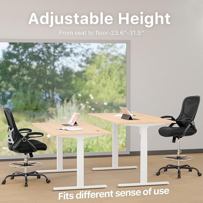HYLONE Drafting Chair Tall Office Chair High-Back Mesh Standing Desk Stool with Adjustable Footrest Ring and Flip-Up Arms (Black)