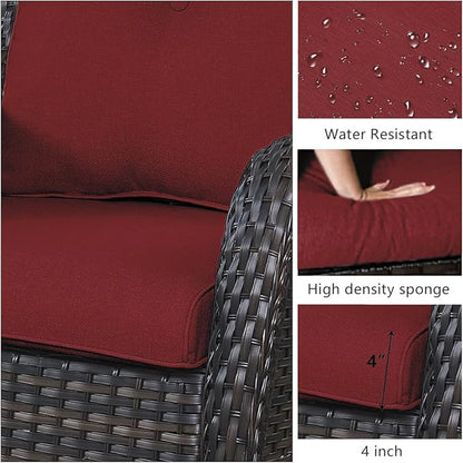 HUMMUH 3-Piece Swivel Rocking Rattan Chair Outdoor, Patio Bistro Furniture Conversation Set, Cushioned Wicker Chair with Glass Coffee Table