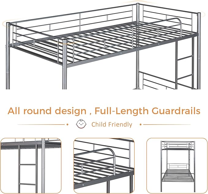 Merax Twin Over Twin Metal Bunk Bed with Ladder and high Guardrail, Able to Split, Storage Space, No Box Spring Needed, Noise Free,Silver