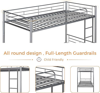 Merax Twin Over Twin Metal Bunk Bed with Ladder and high Guardrail, Able to Split, Storage Space, No Box Spring Needed, Noise Free,Silver