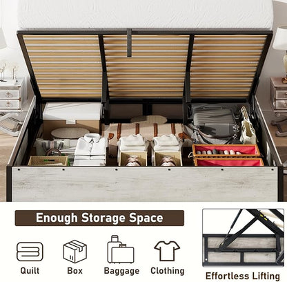 Lift Up Storage Bed Frame, King Size Wooden Platform Bed with Large Storage Underneath, No Box Spring Needed, Noise Free, Distressed White