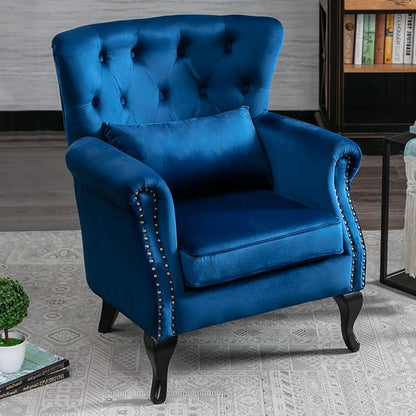 Accent Reading Arm Chairs for Living Room Bedroom, Midcentury Modern Comfy Corner Sofa Chair, Wingback Waiting Room Club Chair with Button Tufted Back &Lumbar Pillow, Velvet Blue