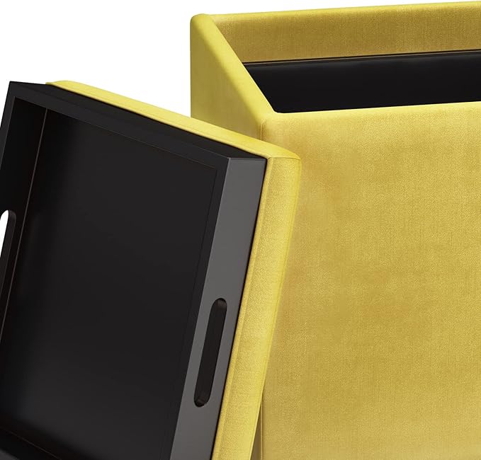 SIMPLIHOME Rockwood 18 inch Wide Contemporary Square Cube Storage Ottoman with Tray in Dijon Yellow Velvet Fabric, Assembled, For the Living Room, Entryway and Family Room