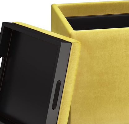 SIMPLIHOME Rockwood 18 inch Wide Contemporary Square Cube Storage Ottoman with Tray in Dijon Yellow Velvet Fabric, Assembled, For the Living Room, Entryway and Family Room