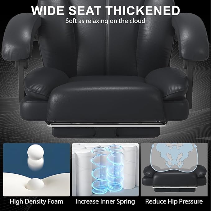 Big and Tall Office Chair, Executive Home Office Desk Chair, Leather Computer Chair with Retractable Footrest, Adjustable Headrest and Reclining Height, Padded Arms, 360°Swivel Free, Wide Seat, Black