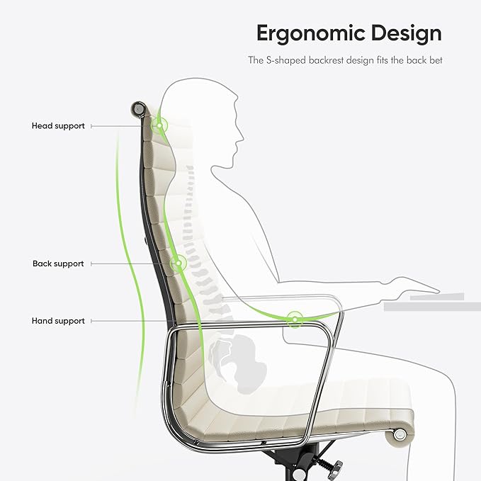 Ribbed Office Chair with Top Grain Leather - High Back Ergonomic Desk Chair with Aluminum Arms & Frame, Swivel Wheels & Tilt Function, Adjustable Height