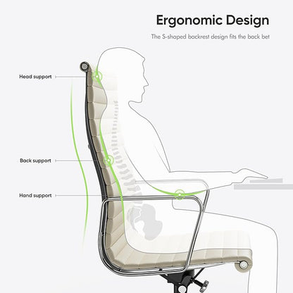 Ribbed Office Chair with Top Grain Leather - High Back Ergonomic Desk Chair with Aluminum Arms & Frame, Swivel Wheels & Tilt Function, Adjustable Height