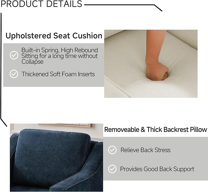 UIXE Swivel Accent Chair, Chenille Upholstered Arm Chair for Living Room, Modern Club Armchair Comfy Single Sofa Bedroom Reading Seat with Lumbar Pillow - Navy Blue
