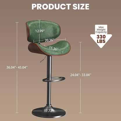 Bar Stools Set of 3, Bar Stools for Kitchen Island with Bentwood Back and Leather Seat, Swivel Bar Stools for Kitchen Counter, Bar, Green