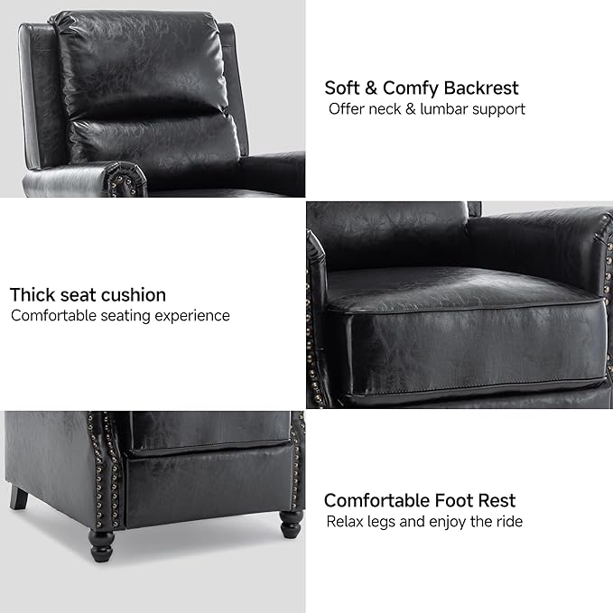 Lumibee Pushback Recliner Chair,Upholstered Wingback Chair for Small Spaces,2 Set of PU Leather Armchair for Living Room,Single Sofa Accent Chair Reading Seat for Balcony,Bedroom-Black