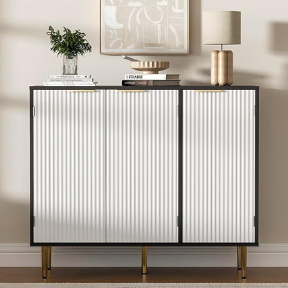 Fluted Buffet Sideboard with 3 Doors, Modern Accent Cabinet with Adjustable Shelves, Kitchen Storage Cabinet with Golden Handles, Coffee Bar for Kitchen, Black & White