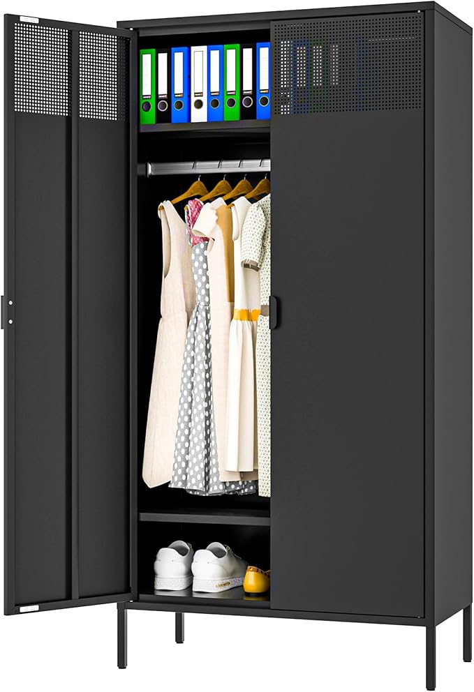 71 Inches Black Metal Wardrobe Cabinet with Hanging Rod, Metal Armoire Wardrobe Closet with Doors for Bedroom, Office, Laundry Room and Changing Room, Metal Locker Cabinet