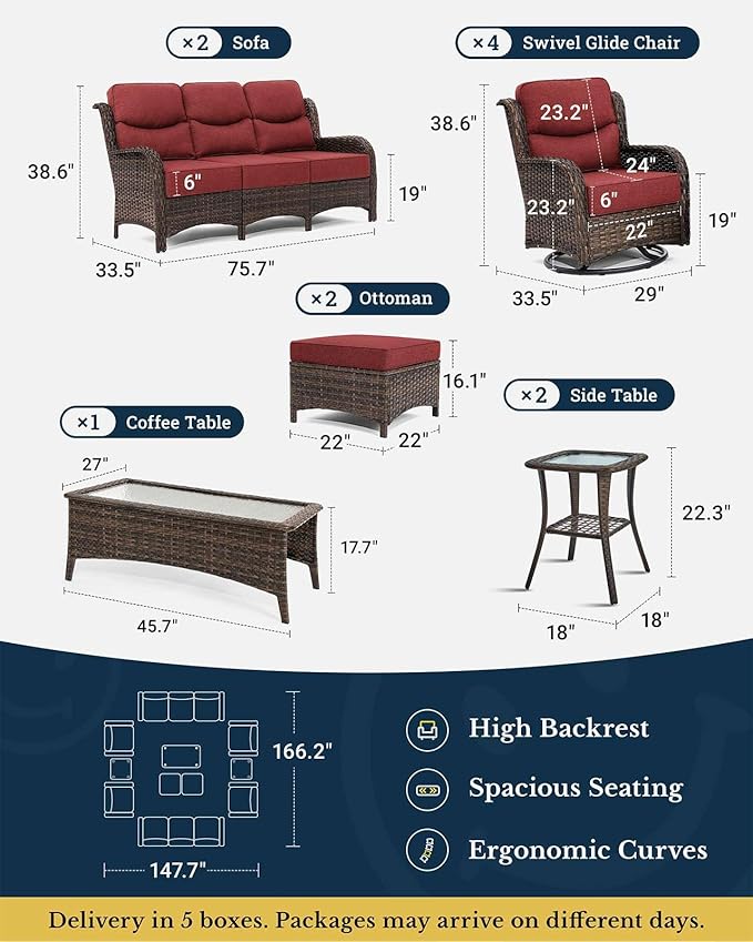HILLGA Luxury Patio Furniture Set with 6-Inch Thick Cushions, High Back Outdoor Swivel Rocker Chairs and Patio Couch, 11-Piece All Weather Conversation Set for Porch Deck Pool Yard, Burgundy (V3)
