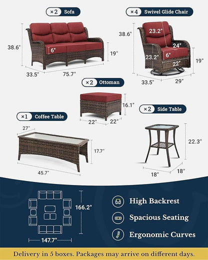 HILLGA Luxury Patio Furniture Set with 6-Inch Thick Cushions, High Back Outdoor Swivel Rocker Chairs and Patio Couch, 11-Piece All Weather Conversation Set for Porch Deck Pool Yard, Burgundy (V3)