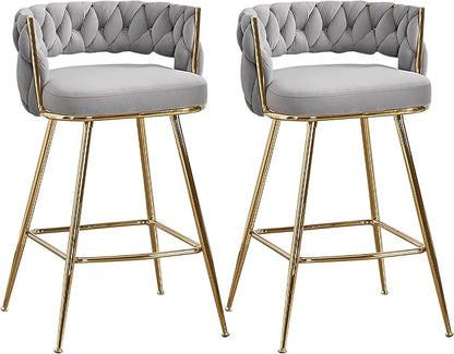 VECELO Bar Stools Set of 2, Counter Height Bar Stools, 26 inch Seat Barstools with Woven Back and Footrest for Kitchen Island Counter, Grey