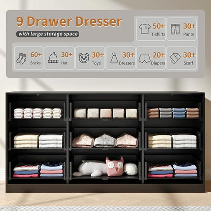 Dresser for Bedroom with 9 Drawer, 63” Long Black Dresser Modern Chest of Drawers with Metal Handle, Wood TV Stand Storage Organizer for Bedroom, Living Room, Black