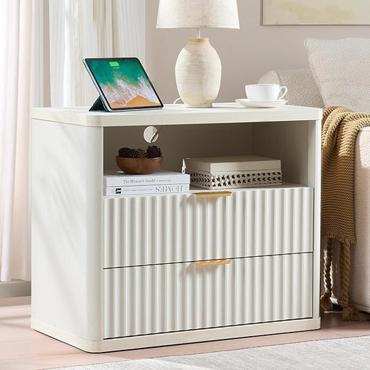 LEYAOYAO 31" Wide Fluted Nightstand with Charging Station, Oversized Extra Large 2 Drawers Night Stand,White Wood Bedside Table,Tall Bed Side End Tables,Modern Chest of Drawers Dressers for Bedroom