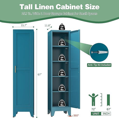 Tall Bathroom Storage Cabinet, 67" Narrow Metal Cabinets with One Door, Freestanding Tall Linen Cabinet, Skinny Metal Storage Locker for Home Office, Living Room