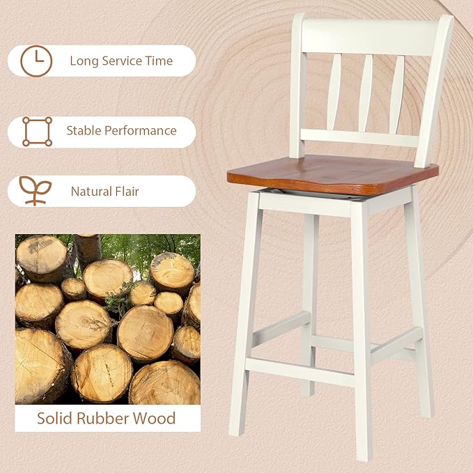 COSTWAY Bar Stools Set of 2, 24.5 Inch Rubber Wood Bar Chairs with 360°Swiveling, Footrest, Swivel Counter Height Barstools Ideal for Kitchen Island, Counter, Pub or Bar (2, White)