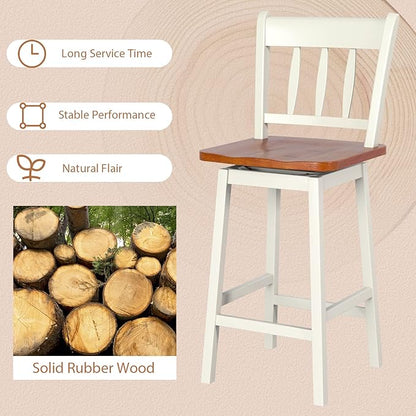 COSTWAY Bar Stools Set of 2, 24.5 Inch Rubber Wood Bar Chairs with 360°Swiveling, Footrest, Swivel Counter Height Barstools Ideal for Kitchen Island, Counter, Pub or Bar (2, White)