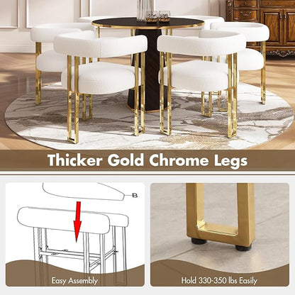 Set of 6 Modern White Boucle Dining Chairs with Gold Metal Legs, Mid Century Accent Upholstered Barrel Armchairs with Open-Back for Kitchen, Dining Room, Living Room, Apartment