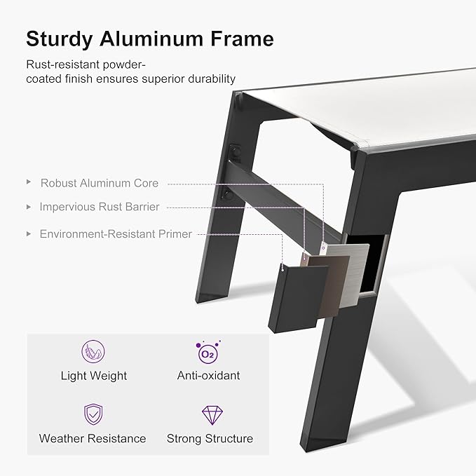 PURPLE LEAF Outdoor Oversized Lounge Chair Set of 3 Patio Chaise Pool Lounger Aluminum Frame with Side Table and Wheels for Outside Sunbathing Tanning Recliner Including Pillows White