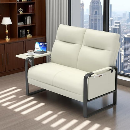 Modern Leather Loveseat, Small Sofa with Side Tray & Pocket, Upholstered Mini Couch for Living Room, Office, Guest Room, Beige