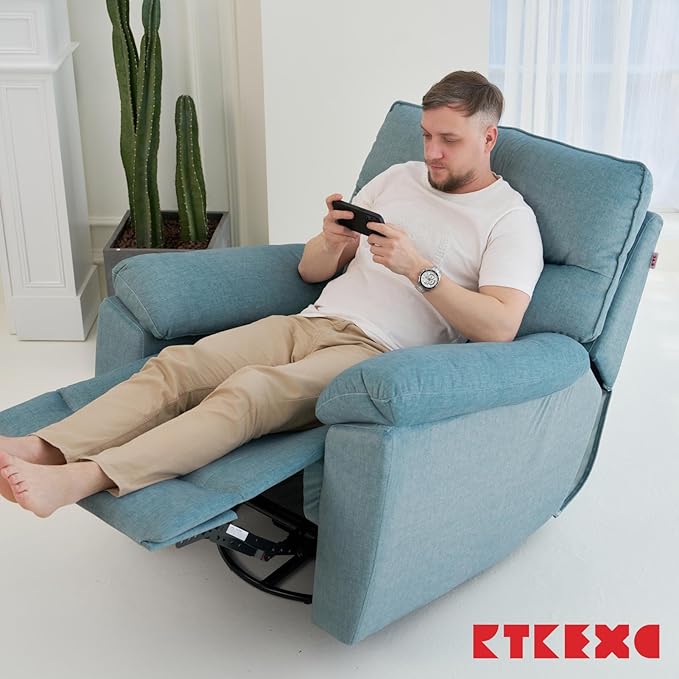 Reclining Sofa Rocking Recliner Chair Manual Adjustable 360 Swivel with Ergonomics Overstuffed Lumbar Arm Support Natural Fabric Surface Made for Living Room, Bedroom, Nursery, Turquoise