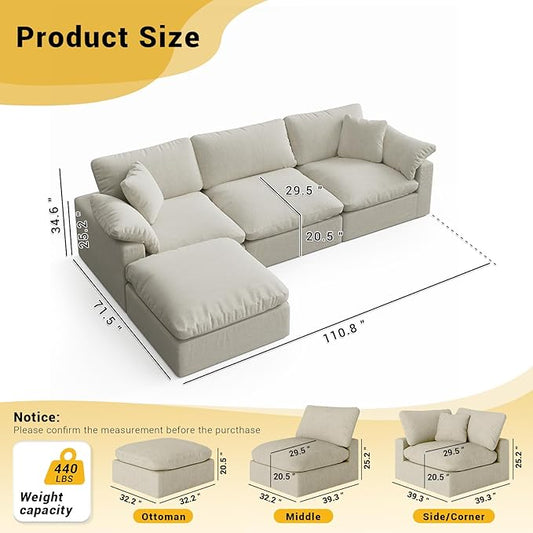 Cloud Modular Couch for Living Room,L Shape Linen Blend Sofas,Modern Deep Seat Cloud Sofas,Convertible Comfort Down Filled Sectional Couches,Removable Washable Cushion Covers,Light Biege