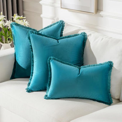 FUTEI Teal Velvet Decorative Throw Pillow Covers 24x24 Set of 2,Soft Cozy Edge with Tassels European Cushion Case,Boho Modern Home Decor for Couch Bed Living Room