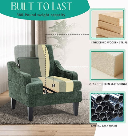 Modern Accent Chair for Bedroom Upholstered Reading Chair with Side Pockets Comfy Living Room Chairs Living Room Armchair for Office, Apartment (Green Chenille)